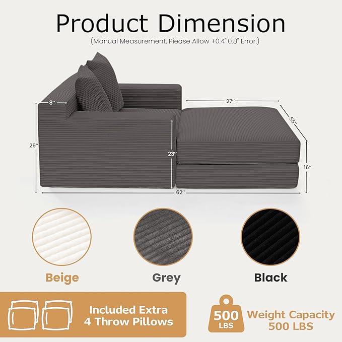 Convertible Futon Sofa Bed with Ottoman, 5 in 1 Folding Couch Bed Loveseat Sleeper, Corduroy Boneless Couch with Deep Seat for Living Room Chaise Lounge Chair Indoor, No Assembly Required, Grey