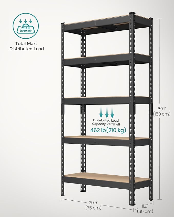SONGMICS 5-Tier Storage Shelves, Load 2310 lb, Garage Storage, Boltless Assembly, Adjustable Shelving Unit, 11.8 x 29.5 x 59.1 Inches, for Study Shed Basement, Black and Natural Beige UGLR300B01