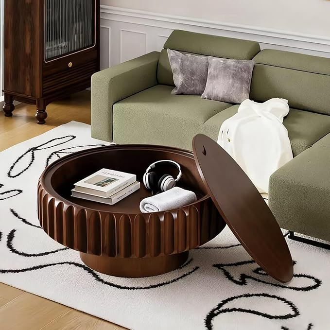 Round Coffee Table with Storage for Living Room, Wood Circle Drum Coffee Table Modern Fluted Center Table Accent Table for Home Office Apartment (Walnut 31.5'')