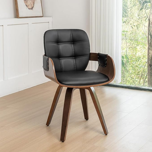 Set of 1 Mid Century Modern Chair - Swivel Dining Chair with Arms and Curved Back, Faux Leather Reception Room Chairs, Ideal for Kitchen/Living Room/Reception/Desk (Walnut Black, Set of 1)