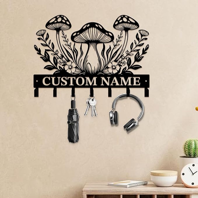 Customized Keys Holder - Personalized Mushroom Wonderland Key Hooks Wall Metal Sign Decor,Wall Holder,Door Hook (Style A)
