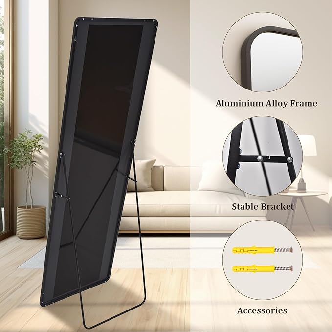VooBang Round Corner Mirror Full Length, 16" x 59" Floor Mirror with Stand, Matte Aluminum Alloy Frame Full Body Mirror, Standing Hanging or Leaning for Bedroom and Living Room, Black