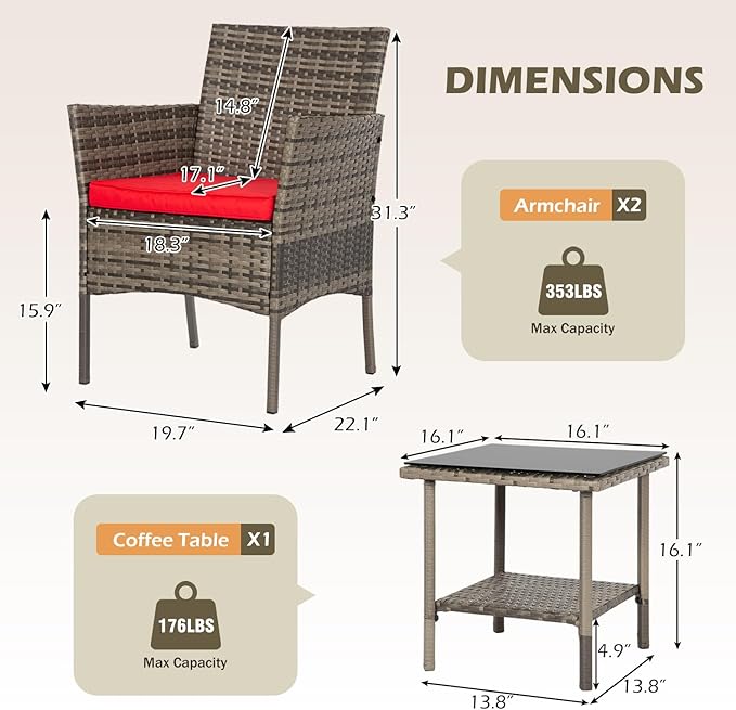FDW 3 Piece Outdoor Furniture Set Patio Gray Wicker Chairs Furniture Bistro Conversation Set 2 Rattan Chairs with Red Cushions and Glass Coffee Table for Porch Lawn Garden Balcony Backyard