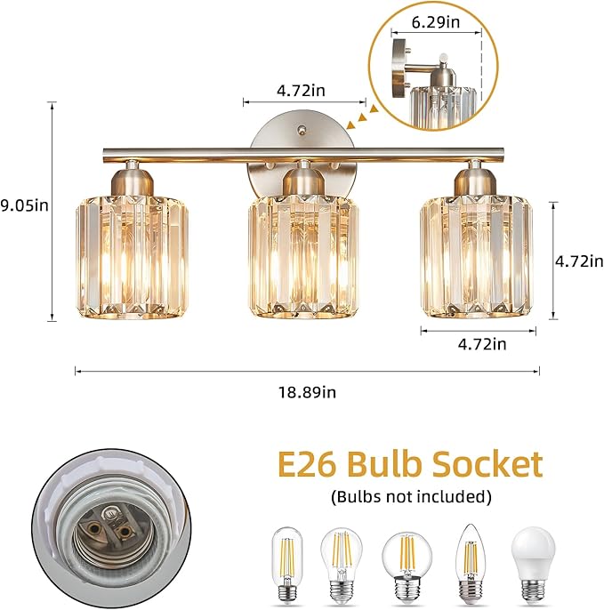 Modern 3 Light Crystal Vanity Light, Brushed Nickel Vertical Bathroom Light Fixture Over Mirror for Dressing Table Sink, Compatible with Dimmable Bulbs (Bulbs Not Included)