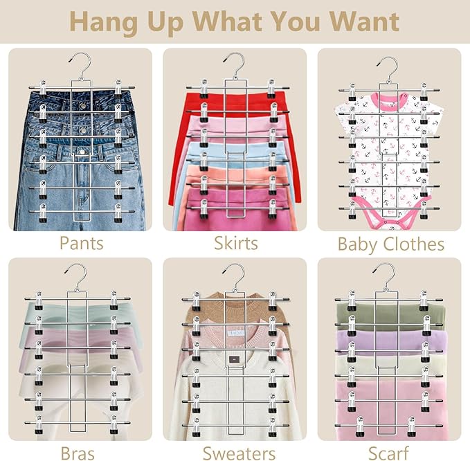 Pants Hangers with Clips,Space Saving Hanging Closet Organizer-6 Tiers Skirt Hangers with 360° Swivel Hook,Closet Organizer-Clothes Hangers- College Dorm Essentials Apartment Essentials-2 Pack