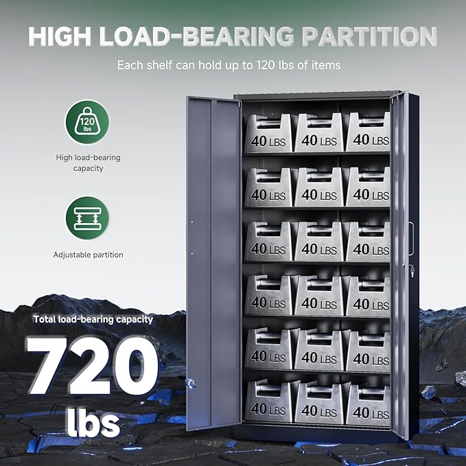 Letaya Metal Storage Cabinets with Lock Door and 5 Adjustable Shelves, Steel Garage Tool Organization Cabinets for Home,Utility Room, Warehouse,Lockers(71"-Black Gray)