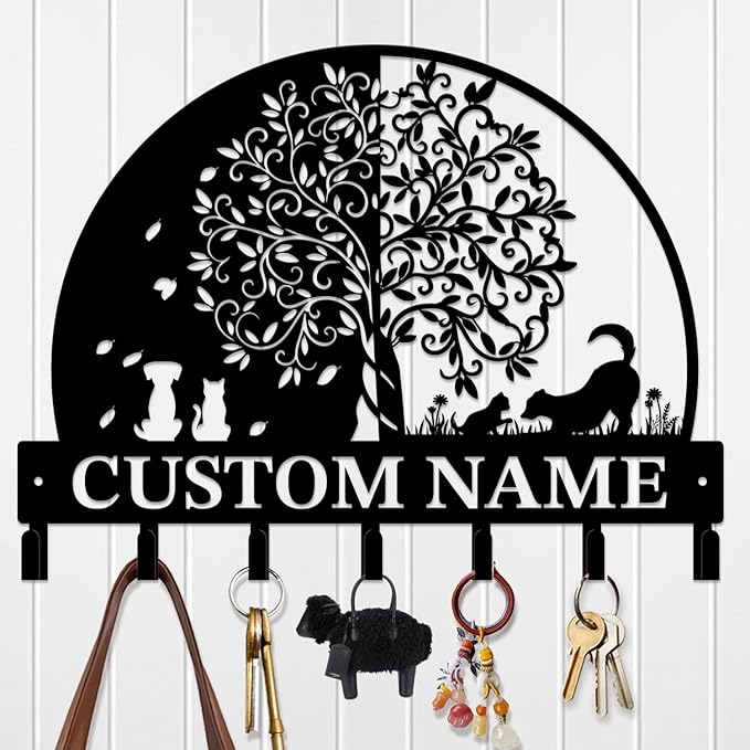 Life Tree Key Hook - Customized Metal Wall Organizer with Name Engraving, Black Iron Home Decor for Themed Collectors (Style B)