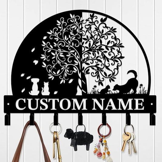 Life Tree Key Hook - Customized Metal Wall Organizer with Name Engraving, Black Iron Home Decor for Themed Collectors (Style B)