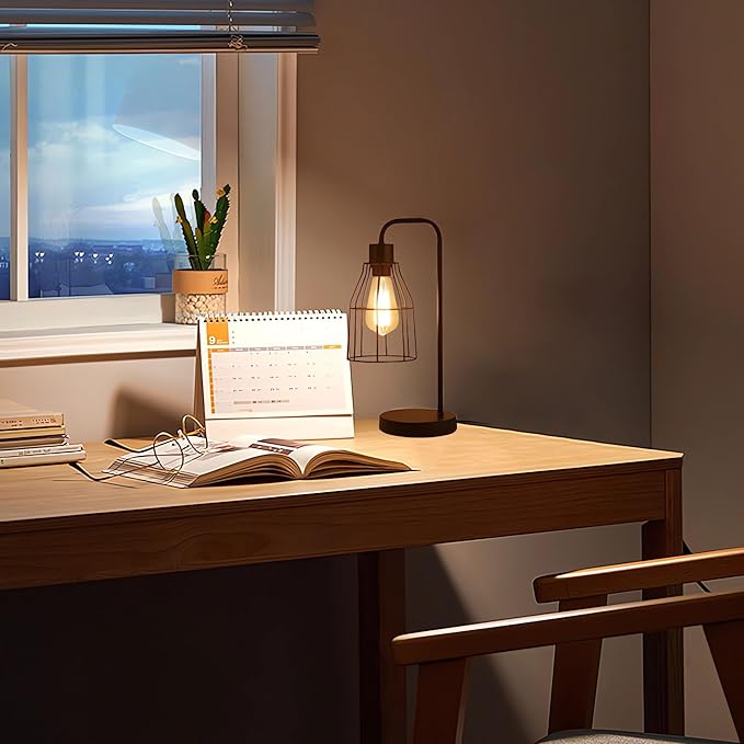 Industrial Vintage Table Lamp with Plug-in Cord Switch, Black Farmhouse Table Lamp with Metal Cage Shade, E26 Base Edison Bedroom Nightstand Light for Bedside, Office, Living Room