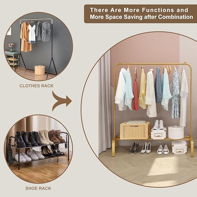 JIUYOTREE Metal 43.3 Inches Garment Rack with Bottom Shelf Clothing Rack for Hanging Clothes Coats Skirts Shirts Sweaters Gold