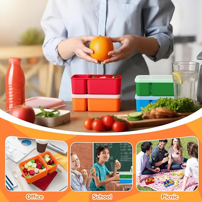 Roshtia 4 Pack Silicone Food Containers with Lids, Reusable Packs Bento Lunch Box for Meal Prep Food Storage, Microwave Dishwasher Safe(2 Compartment,Bright)