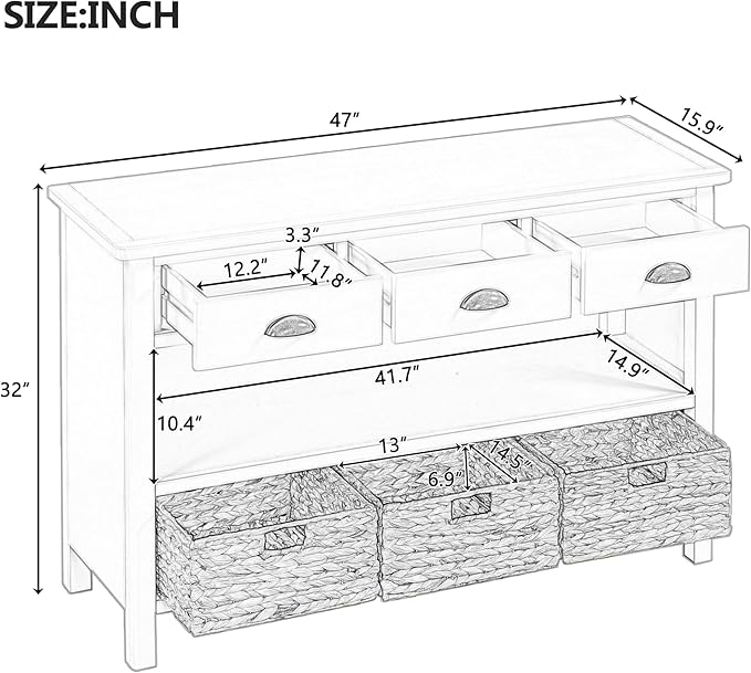 GDFStudio 47" Retro Console Table with 3 Drawers & 3 Water Hyacinth Baskets, Wooden Entryway Buffet Table with Lower Shelf, Vintage Side Board Storage Cabinet for Entryway Hallway Living Room, Navy