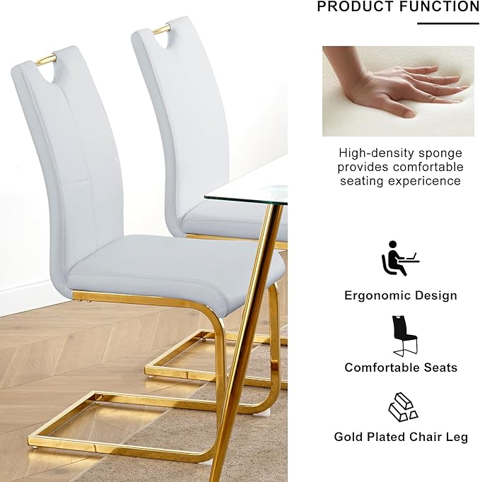 Modern Glass Dining Table Set for 6, Gold Glass Kitchen Table and Chairs Set of 6, 7 Piece Dining Room Table Set with 61" Rectangular Metal Glass Dinner Table and 6 Grey Leather Dining Chairs