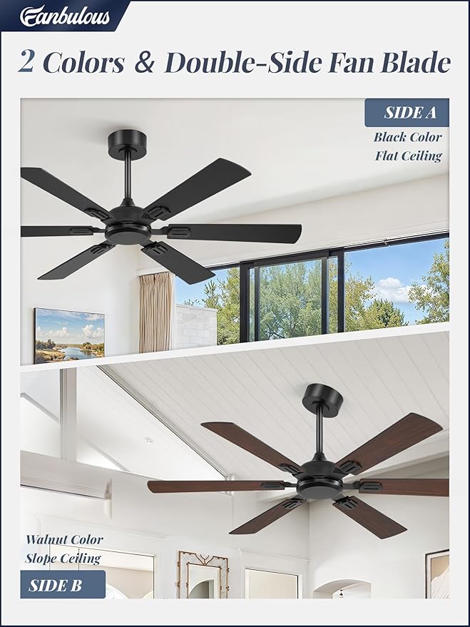 Fanbulous 52 Inch Ceiling Fans No Light with Remote, Modern Ceiling Fan Without Light, Dual Finish 6 Blades, Reversible Quiet DC Motor, 6 Speed, Large Ceiling Fan for Indoor or Covered Outdoor, Black