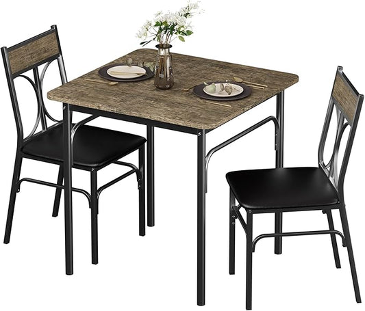 VECELO 3 Piece Dining Table Set for 2, Kitchen Table Set with 2 Chairs for Small Space, Space-Saving and Modern Design, Apartment, Easy to Assemble,Classic Brown