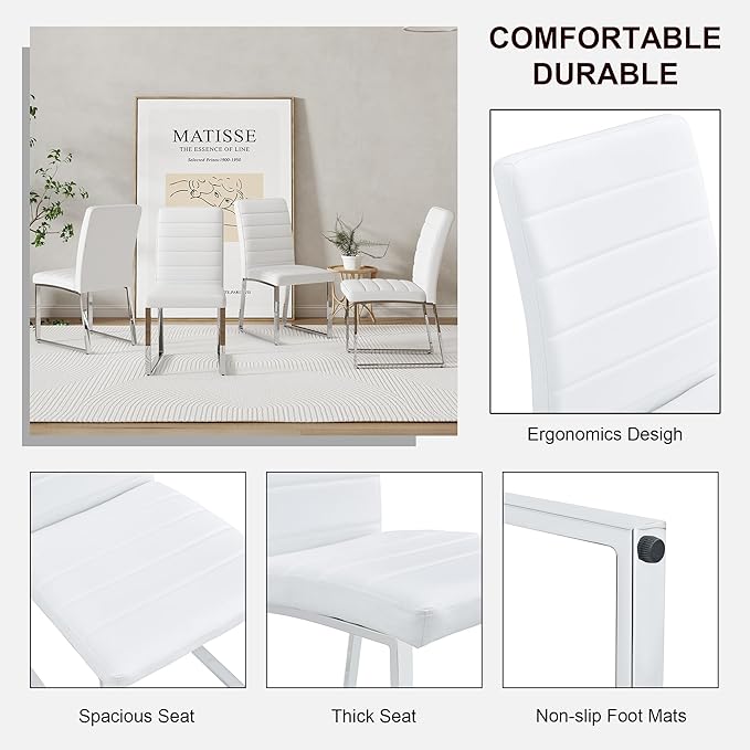 Modern Dining Chairs Set of 4, White Faux Leather Kitchen Chairs, Upholstered Armless Dining Room Chair with Gold Mental Legs Heavy Duty, Comfortable (White Chairs, Set of 6)