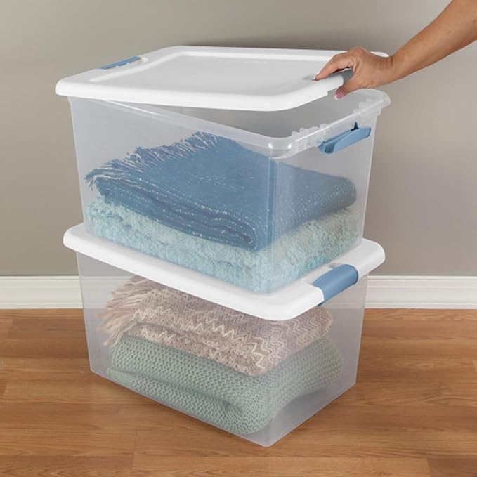 Sterilite 18-Pack Latching Box, Under Bed Storage Bins with Lids, Clear Plastic, 64 Quart - Heavy-Duty Organizing Containers for Closet, Bathroom, and Office