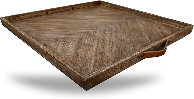 LUIYO Large Ottoman Wood Tray- with Leather Handle Decorative Wooden 24 x 24 x1.5 Inches Square Serving Tray Best for Coffee Table, Living Room and Kitchen (Large 24 * 24)