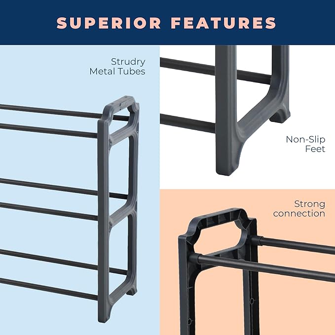 Happhom 3-Tier Expandable Shoe Organizer - Space Saver Shoe Shelf with Smart Design for Closet, Entryway and Small Spaces, Dark Grey (CSR-01)