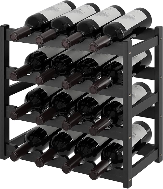 Wine Rack，Bamboo Wine Storage Cabinet Shelf，Countertop Wine Shelf- Freestanding Wine Holder for Kitchen & Pantry (Black, 4-Tier)