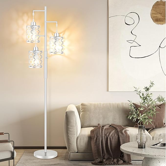 68" Dimmable Floor Lamp, Modern Standing Lamp with Elegant Metal Cages, Industrial Tall Tree Floor Lamps for Living Room, Bedroom, Study Room, Office (2000LM LED Bulbs Included) - Silver