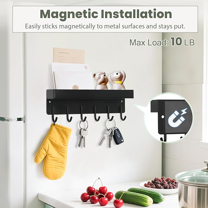 Magnetic Key Holder Wall Mount, Small Metal Key Rack with Tray, 9.6 Inch, 6 Hooks, 2 Installation Options, Black