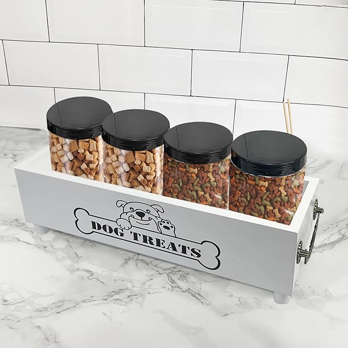 Large Dog Treats Container, Dog Cookie Jar for Dogs Cat Treats Container, Farmhouse Wood Pet Treats Storage Organizer for Dog Food Storage Container with 4 Jars, Cat Dog Treat Organizer(White)
