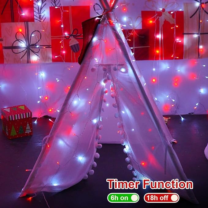 QITONG Red and White Christmas Light Outdoor Waterproof, 165ft 500 LED Clear Wire String Lights Plug-in, 8 Modes Christmas Tree Light Indoor