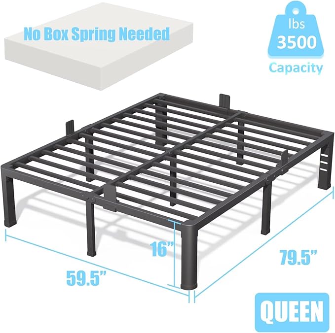 FUIOBYVV 16 Inch Queen Bed Frame with Rounded Corner and Headboard Hole Mattress Retainers 3500 LBS Metal Heavy Duty Steel Slats Support No Box Spring Needed Platform Noise Free Easy Assembly