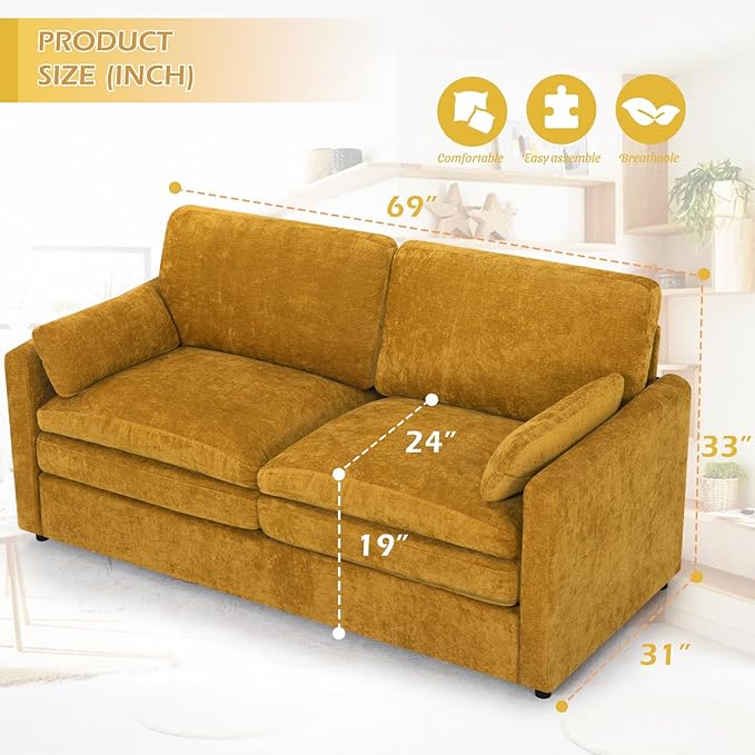 3 Pieces Chenille Sofa Set w/Arm Pillows, Upholstered 2 Pieces Loveseat & 3 Seater Sofa w/Comfortable Back Cushions, Modern 2-Seat & 3-Seat w/High-Density Foam for Living Room, Yellow