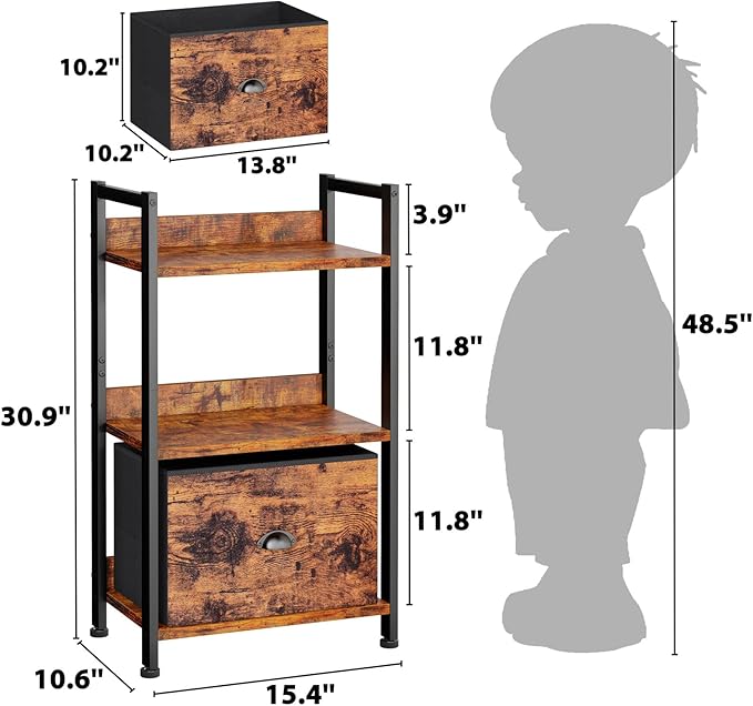 Furologee 3 Tier Bookshelf with Drawer, Small Bookcase with Shelves, Short Wood and Metal Bookshelf Storage Organizer, Industrial Freestanding Shelf Units for Bedroom, Living Room, Dorm, Rustic Brown