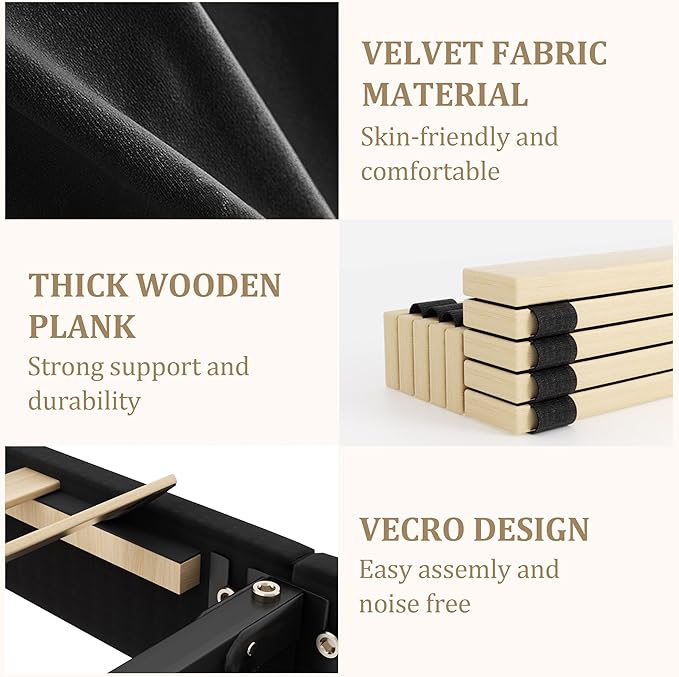 King Bed Frame with Storage Drawers, Upholstered King Size Platform Bed with 47“ Tall Headboard and Wingboard, No Box Spring Needed, NO Noise, Easy Assembly, Wooden Support Slats, Black