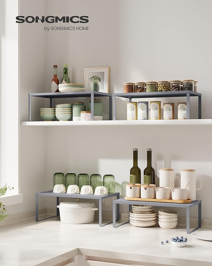 SONGMICS Spice Racks, Set of 2 Metal Cabinet Shelf Organizers, Countertop Organizers, Shelf Risers, Stackable, Expandable, Silver UKCS401G01