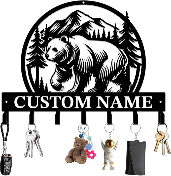 Personalized Custom Name Bear Key Wall Hooks,Metal Bear Keys Clothes Hooks,Metal Bear Wall Home Storage Decorative,For Front Door, Hallway, Kitchen, Bedroom,Keys,Hats (Style P)