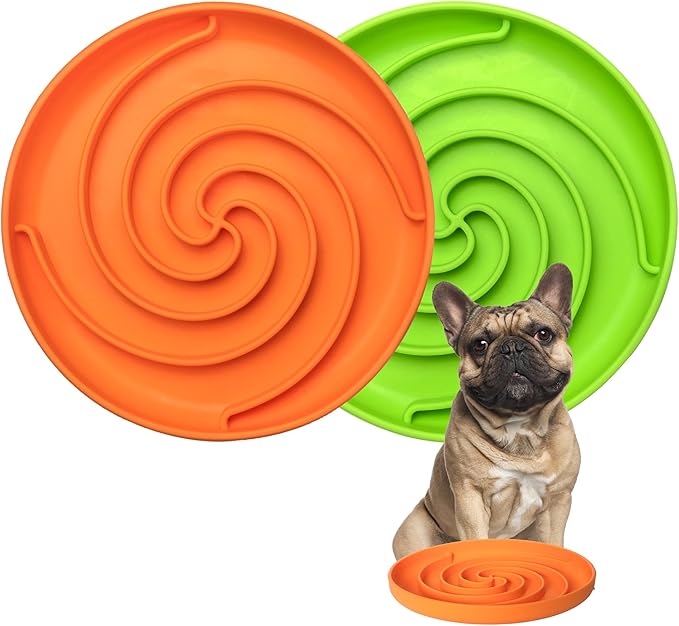 Slow Feeder Dog Bowls, Dishwasher Microwave Safe Silicone Puppy Puzzle Bowl with Non-Slip Design for Eating (Green and Orange)