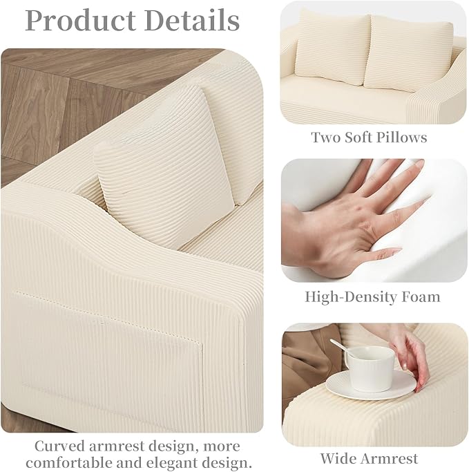 MeMoreCool Convertible Sofa Bed, Pull Out Loveseat Sofa Sleeper Couch for Bedroom Living Room Lounge, 2 in 1 Small Couch Bed with Pillow, Foldable Love Seat Futon Corduroy Beige