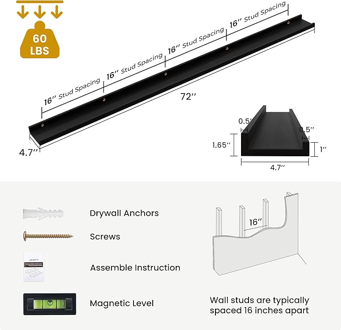 Picture Ledge Shelf, 72 inch Solid Ash Wood Floating Shelves Set of 2, Picture Ledge Ledge Wall Mounted for Living Room Kids' Room Bedroom, Color Black
