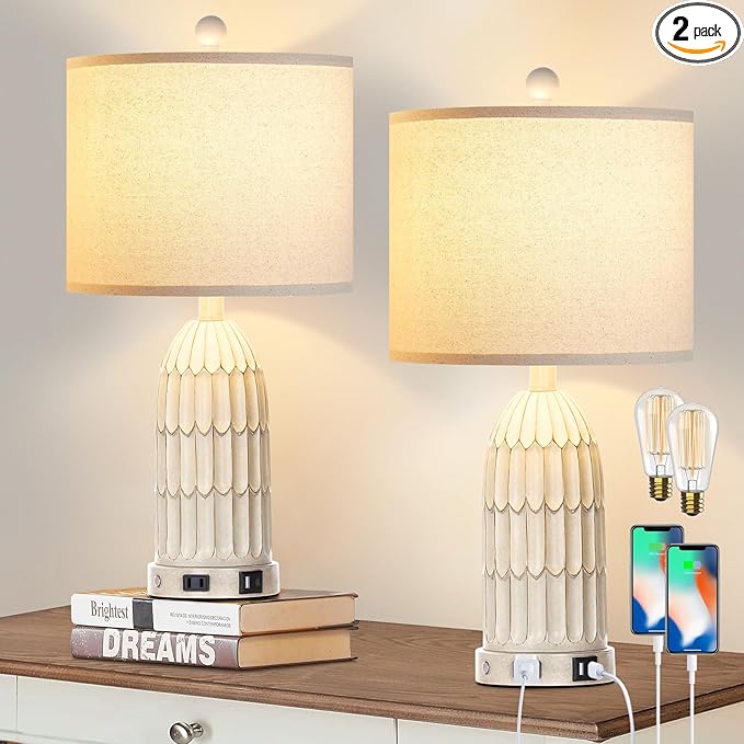 Farmhouse Table Lamps Set of 2, 3-Way Dimmable Touch Lamp for Bedroom Nightstand with USB A+C Ports & AC Outlet, White Vintage Boho Bedside Lamp for Living Room End Table (Bulbs Included)