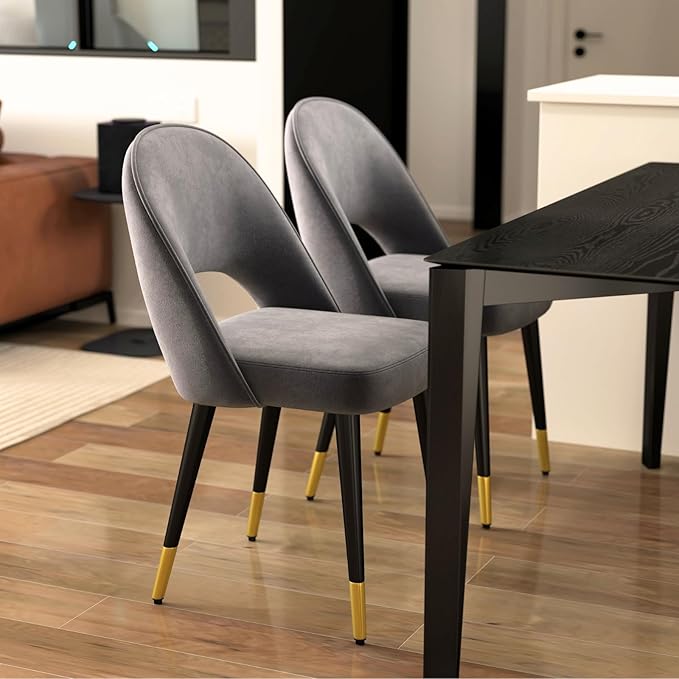 DUOMAY Modern Dining Chair Set of 2 with Open Back, Velvet Upholstered Armless Chair with Metal Frame Side Chair for Kitchen Dining Room Living Room, Grey