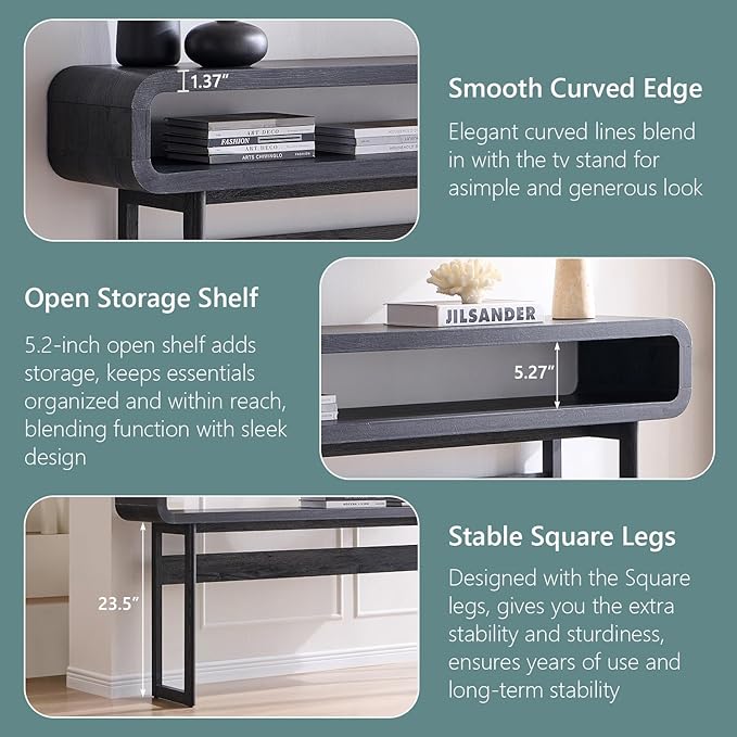 63-Inch Long Console Table, 31.5" Tall Modern Entryway Table with Open Storage Shelf, Curved Profile Design, Narrow Wood Sofa Table Behind Couch Table for Living Room, Hallway, Foyer, Dark Grey