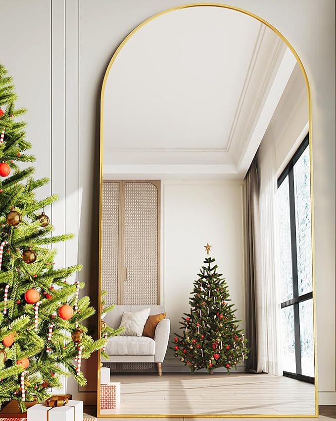 Full Length Mirror, 41"x81" Arched Floor Mirror Freestanding, Floor Standing Full Body Mirror with Stand for Bedroom, Hanging Mounted for Living Room Cloakroom, Gold