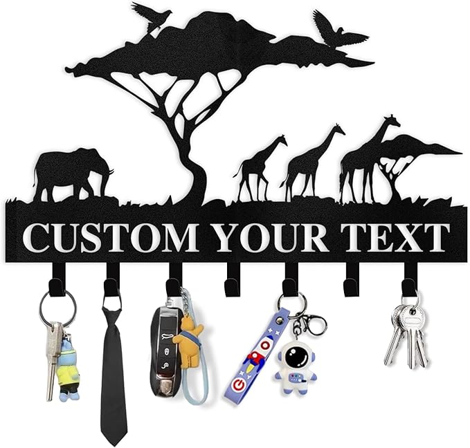 Personalized Key Holder for Wall | Custom Name Metal Cabin Key Hooks | Coat Hook Key Rack Wall Mount | Metal Wall Key Holder | Animal Theme African Art Decor for Living Room Hallway Office