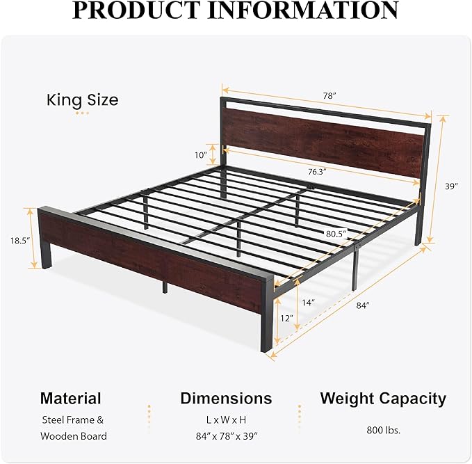 SHA CERLIN 14 Inch King Size Metal Platform Bed Frame with Wooden Headboard and Footboard, Mattress Foundation, No Box Spring Needed, Large Under Bed Storage, Mahogany