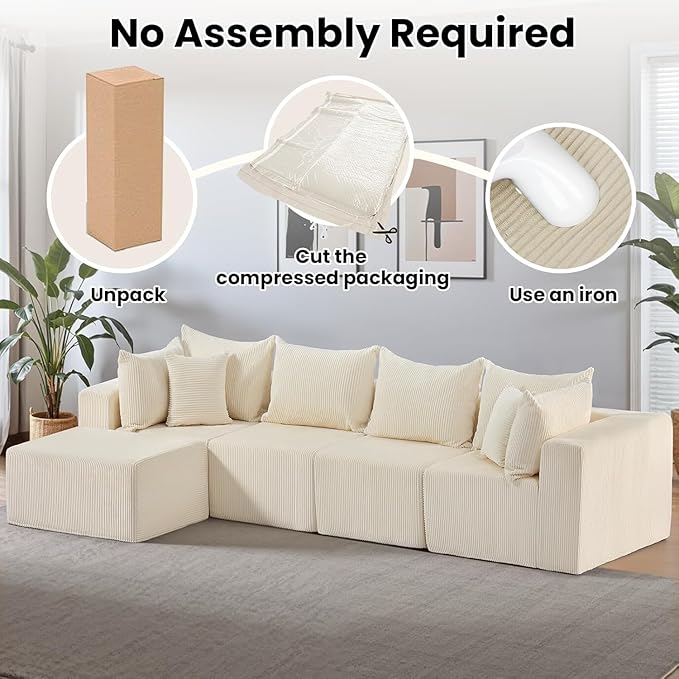 Oversize 131” Boneless Couch for Living Room, Comfort L Shaped Cloud Couch Sectional, Extra Deep Seats Corduroy Modular Sectional Sofa No Assembly,Beige