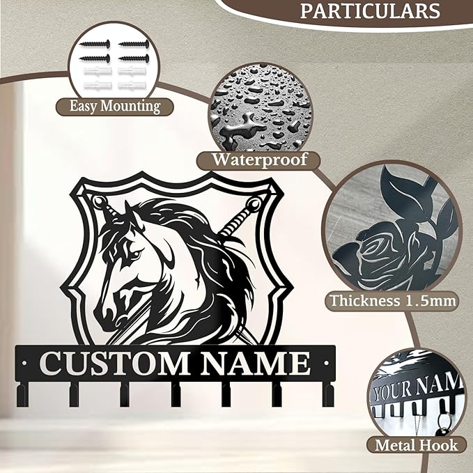Custom Horse Key Hook - Personalized Forged Iron Wall Keys Holder with Equestrian Design, Black Metal Home Decor for Horse Theme Lovers (Style E)