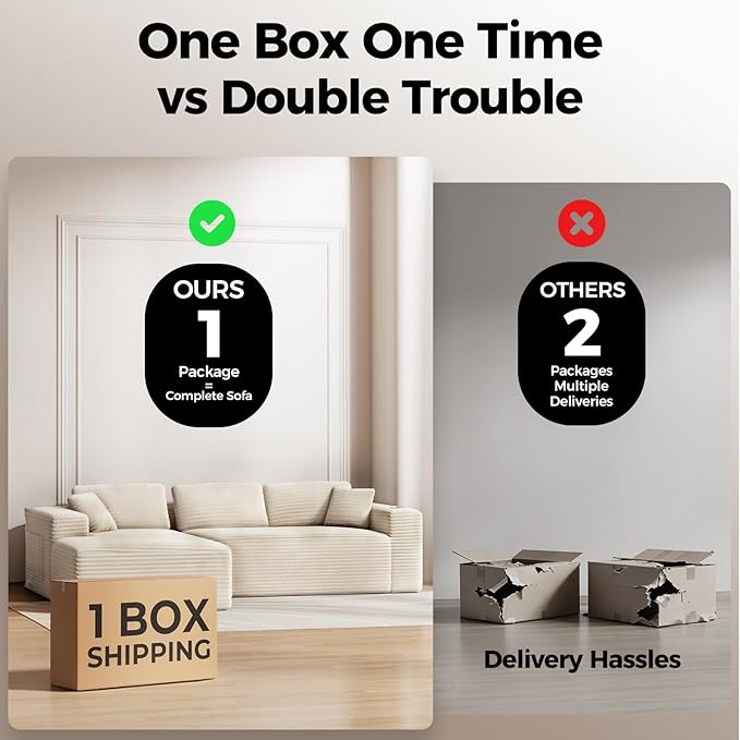 108” Cloud Sectional Couch in One Box, Compressed Modular Sectional Sofa with Deep Seat, Corduroy Boneless Couches, L-Shaped Sofa for Living Room, 4 Storage Pockets(Left Facing Chaise, Beige)