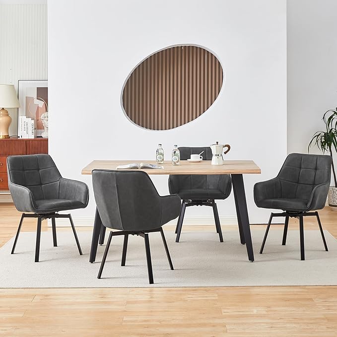 TUKAILAi Modern Swivel Armchairs Set of 6, Faux Leather Upholstered Accent Dining Chairs with Metal Legs, Rotatable Desk Chair for Home Office Kitchen Vanity Guest Reception Restaurant (Grey)