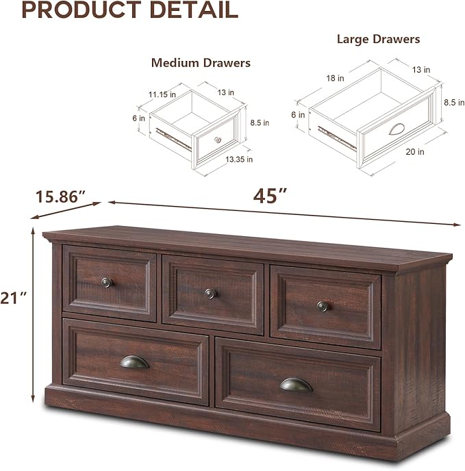 Farmhouse 5 Drawers Dresser for Bedroom, 45" Wide Chest of Drawers, 21" Tall Storage Closet Bench Storage Chest Storage Trunk, Wood Rustic Dresser for Closet, Living Room, Hallway, Brown