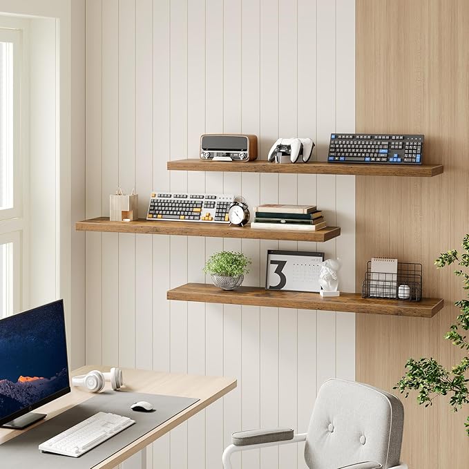 Floating Shelves for Wall, 1.5" Thick Wall Shelf Set of 3 with Invisible Bracket, L47.2 x W7.9 Hanging Shelves Farmhouse Home Decor for Bathroom, Living Room, Bedroom, Rustic Brown 12301BJP3BF
