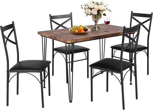 VECELO Dining Table Set for 4, Kitchen Table Set with 4 Chairs for Small Space, Space-Saving and Modern Design, Apartment, Easy to Assemble,Classic Brown